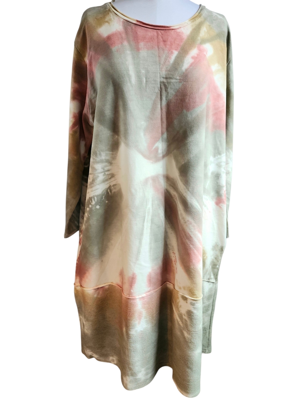 Tie-Dye Lagenlook Long Dress, Pockets Peach, Gray & Cream Wearable Art XL